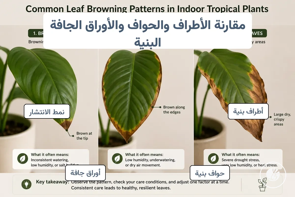 مقارنة بين الأطراف البنية والحواف البنية وأنماط الأوراق الجافة على أوراق النباتات الاستوائية الداخلية