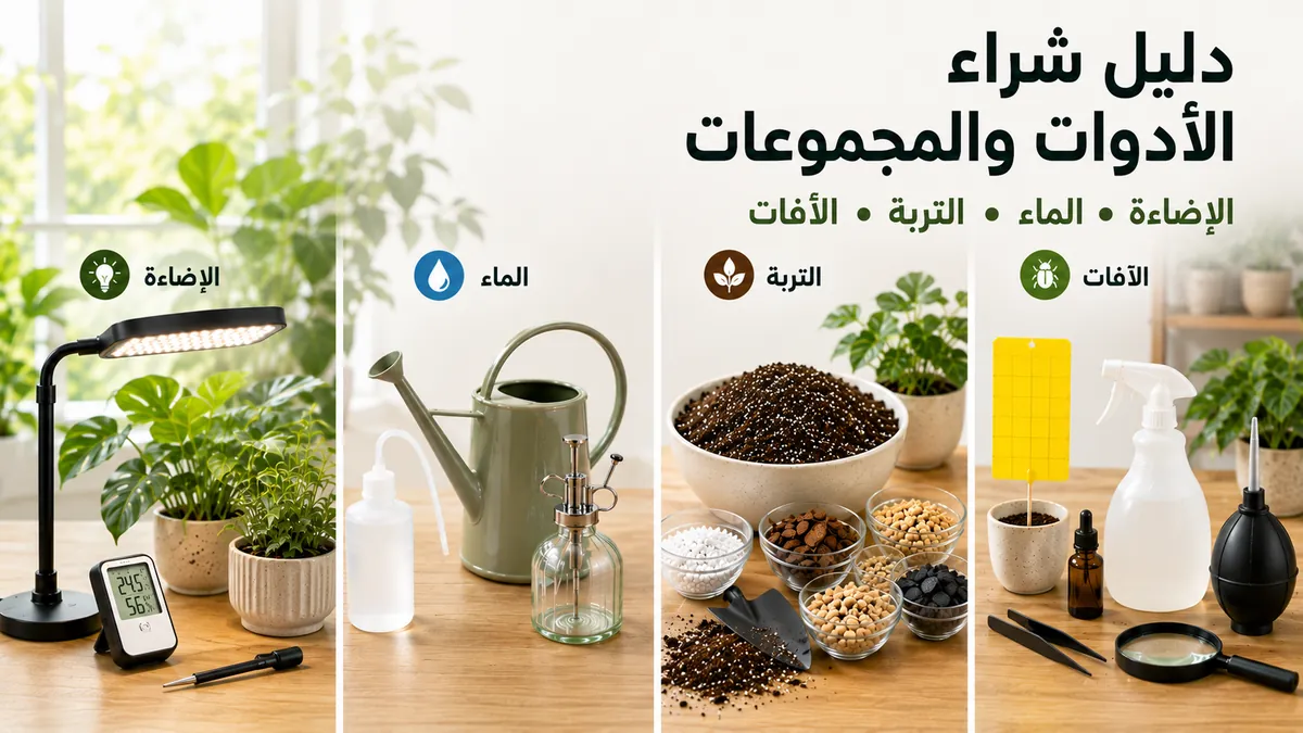 أدوات ومجموعات للعناية بالنباتات الاستوائية الداخلية مرتبة حسب الإضاءة والماء والتربة والآفات