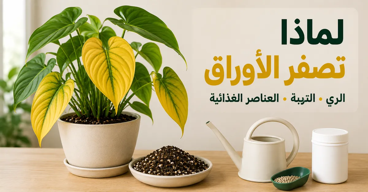 نبات استوائي داخلي بأوراق صفراء يتم فحصه من ناحية الري والتربة والعناصر الغذائية