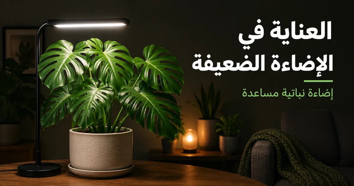 إعداد للعناية بنبات استوائي داخلي في غرفة ضعيفة الإضاءة مع إضاءة نباتية مساعدة
