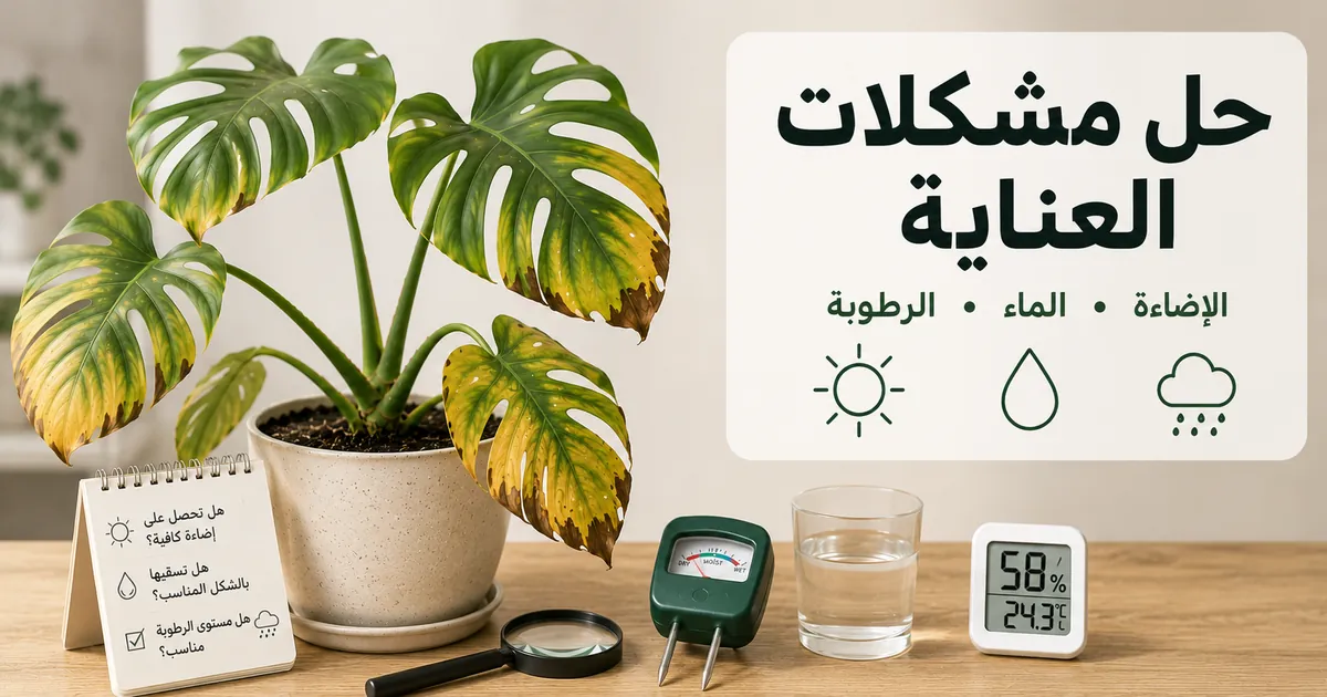نبات استوائي داخلي تظهر عليه مشكلات عناية مرتبطة بالإضاءة والماء والرطوبة