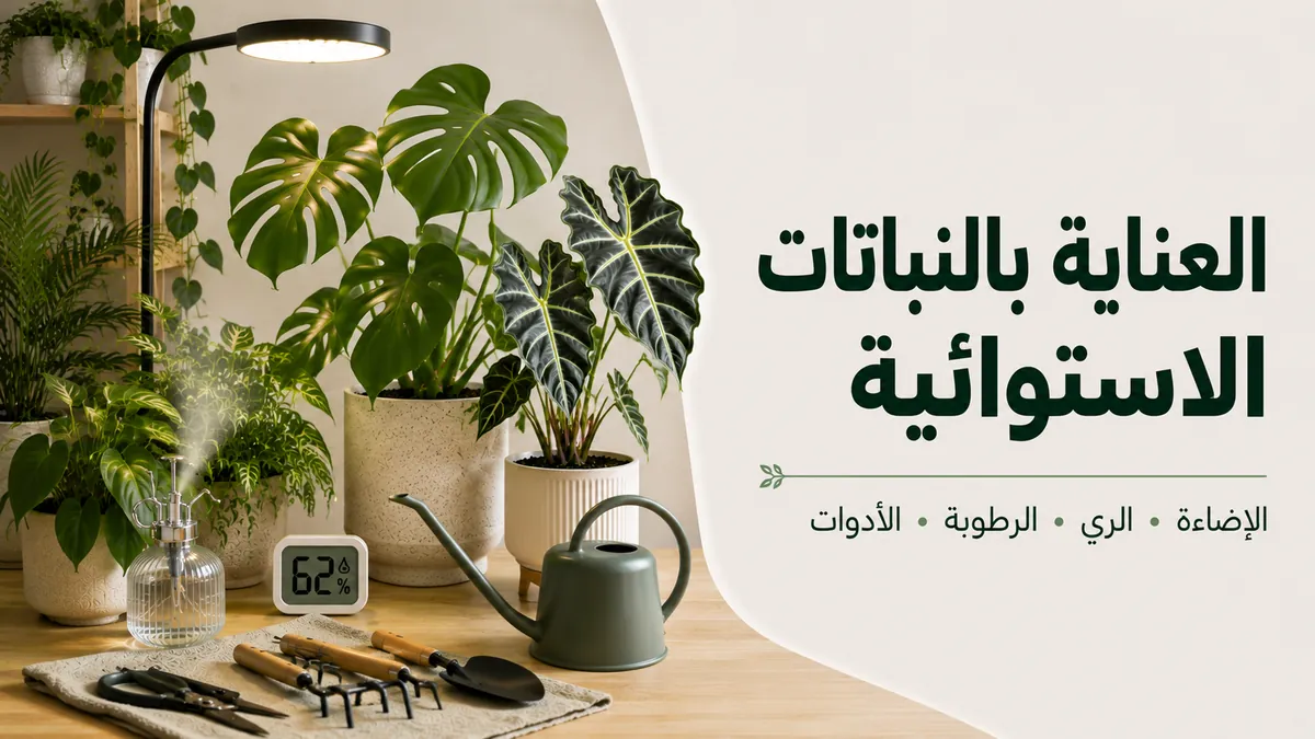 إعداد للعناية بالنباتات الاستوائية الداخلية مع الإضاءة والري والرطوبة وأدوات العناية الأساسية