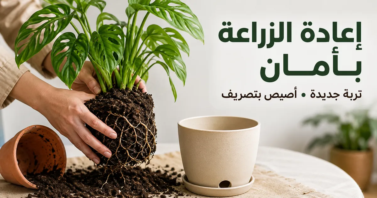 إعادة زراعة نبات استوائي داخلي بتربة جديدة وأصيص مزود بتصريف