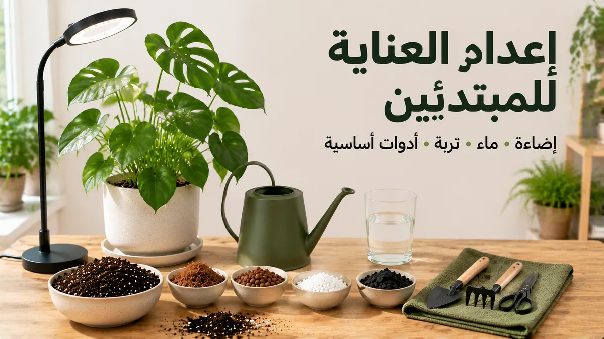 إعداد للمبتدئين في العناية بالنباتات الاستوائية الداخلية مع أدوات أساسية وإضاءة وماء وتربة