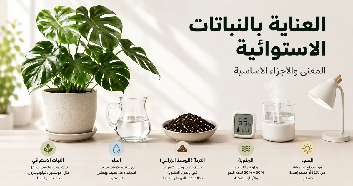 الأجزاء الأساسية للعناية بالنباتات الاستوائية الداخلية بما يشمل الإضاءة والماء والتربة وأدوات الرطوبة