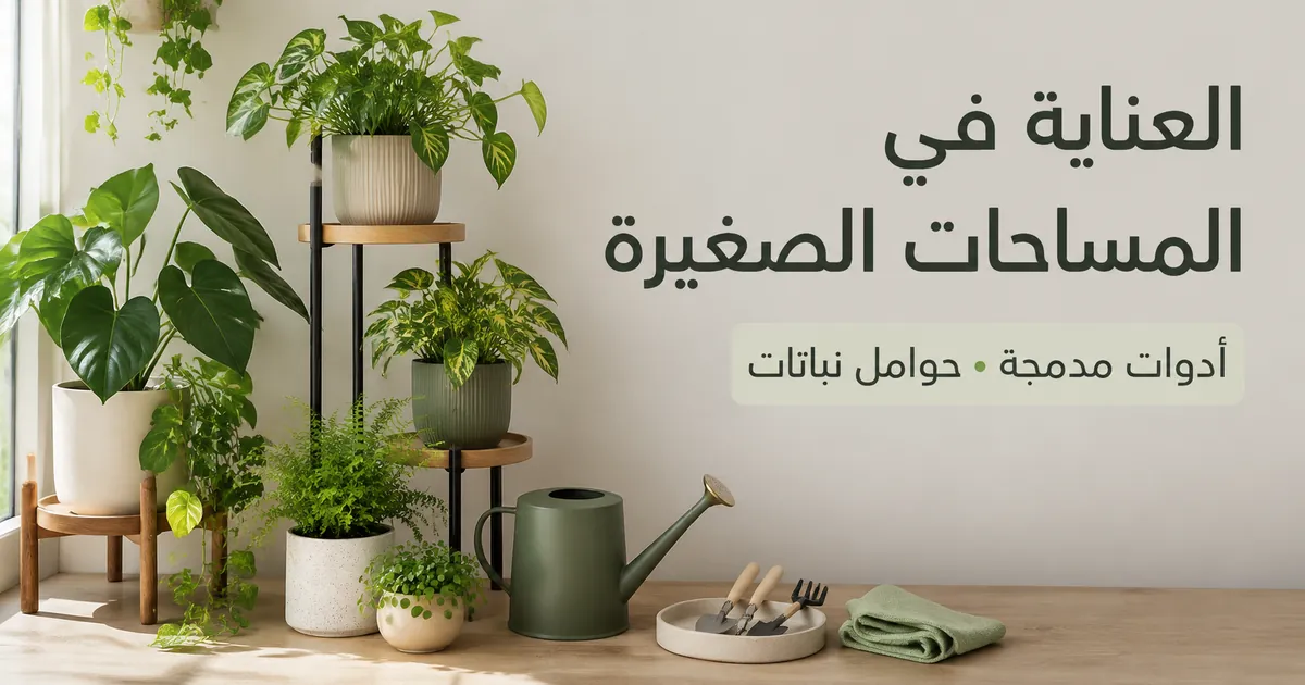 إعداد للعناية بالنباتات الاستوائية الداخلية في مساحة صغيرة مع أدوات مدمجة وحوامل نباتات