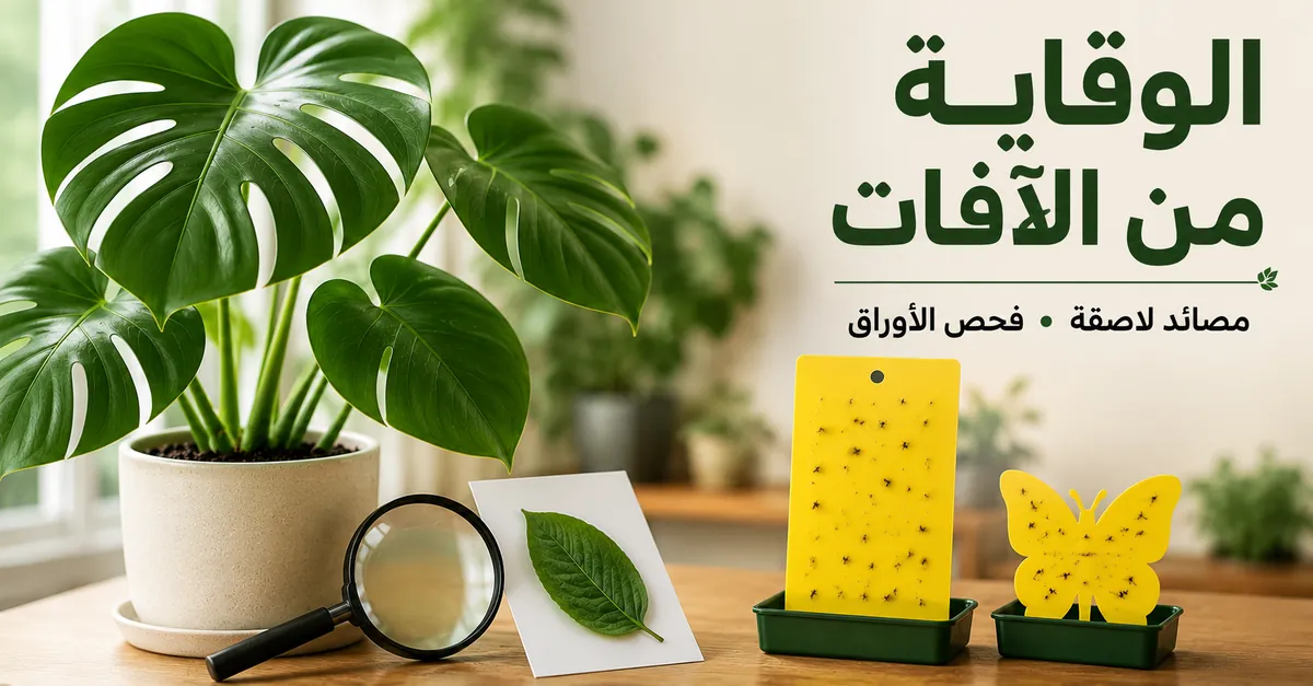إعداد للوقاية من آفات النباتات الاستوائية الداخلية باستخدام مصائد لاصقة وأدوات فحص الأوراق
