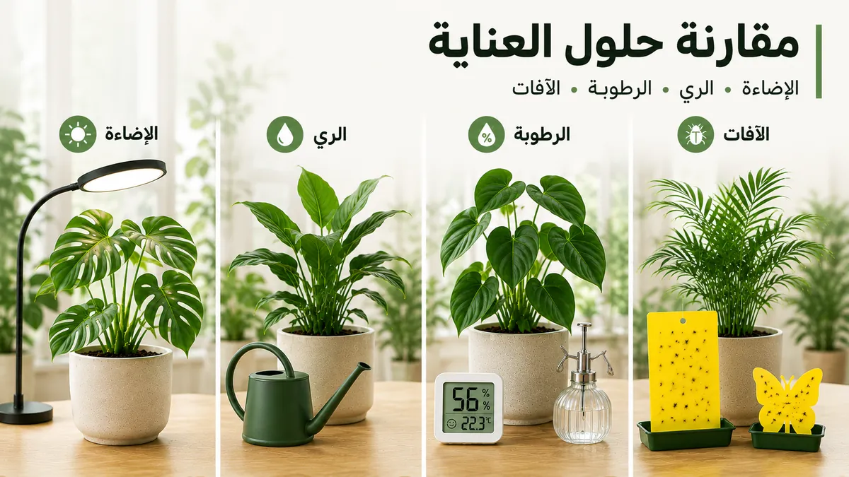 مقارنة حلول العناية بالنباتات الاستوائية الداخلية حسب احتياجات الإضاءة والري والرطوبة والآفات