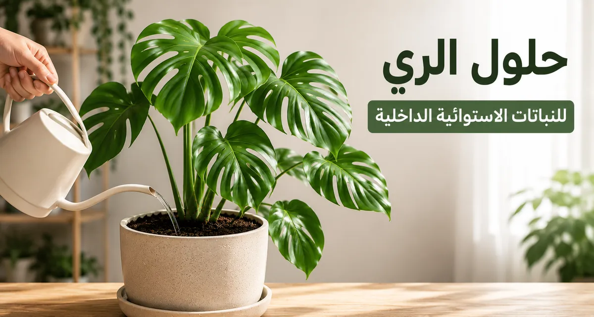 ري نبات استوائي داخلي باستخدام إبريق ري بفوهة رفيعة