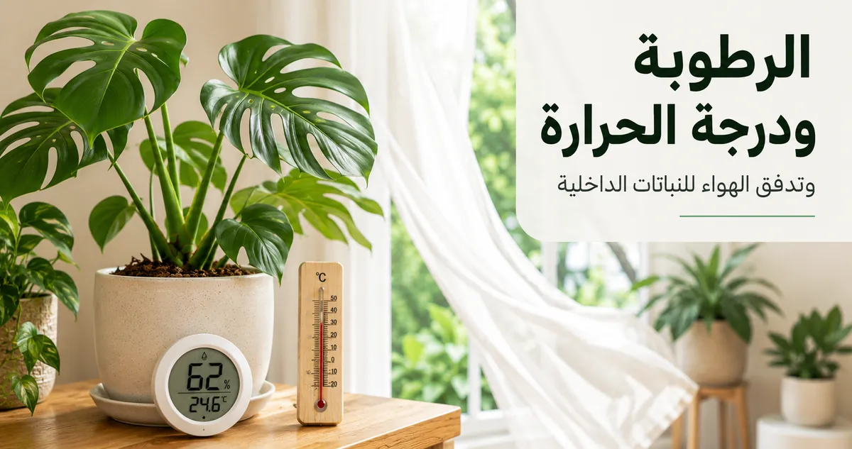 أدوات قياس الرطوبة ودرجة الحرارة بجانب نباتات استوائية داخلية في المنزل