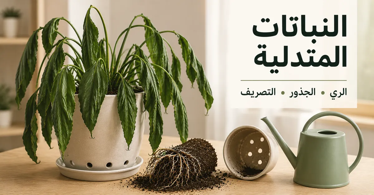 نبات استوائي داخلي متدل يتم فحصه لمشكلات الري والجذور والتصريف