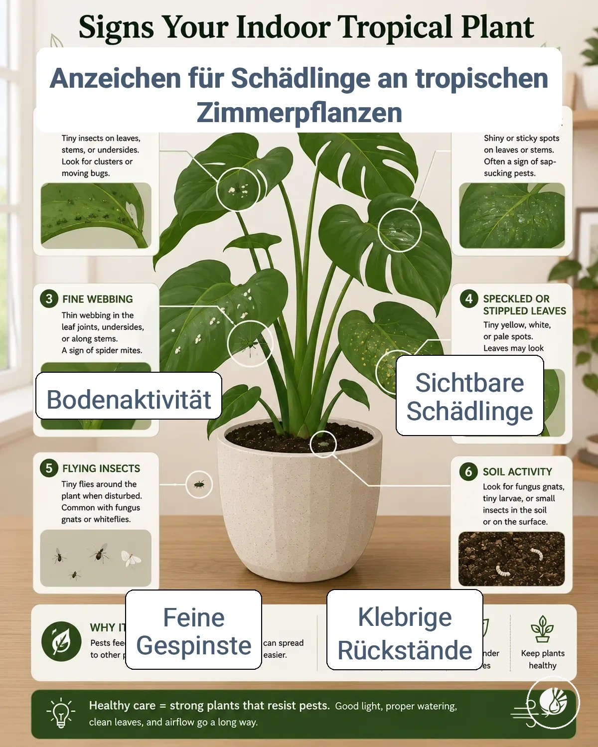 Häufige Anzeichen von Schädlingen an tropischen Zimmerpflanzen