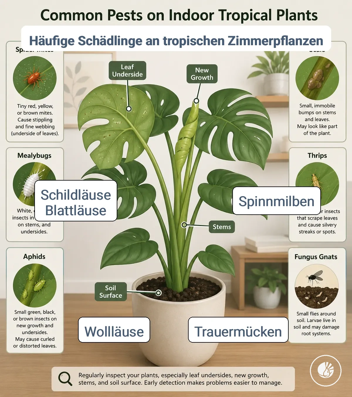 Vergleichsgrafik häufiger Schädlinge an tropischen Zimmerpflanzen auf Blättern, Stängeln und Erde