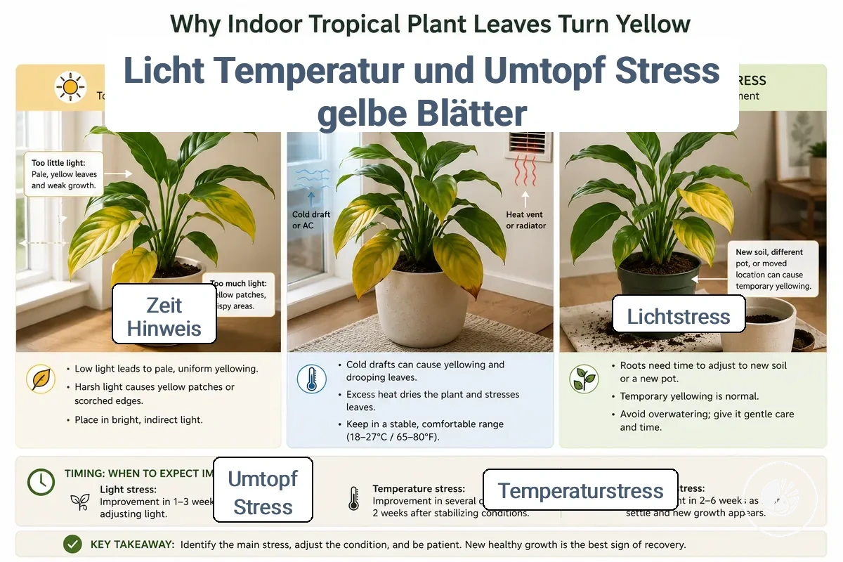 Tropische Zimmerpflanze mit gelben Blättern in der Nähe von Hinweisen auf Licht-, Zugluft- und Umtopfstress.