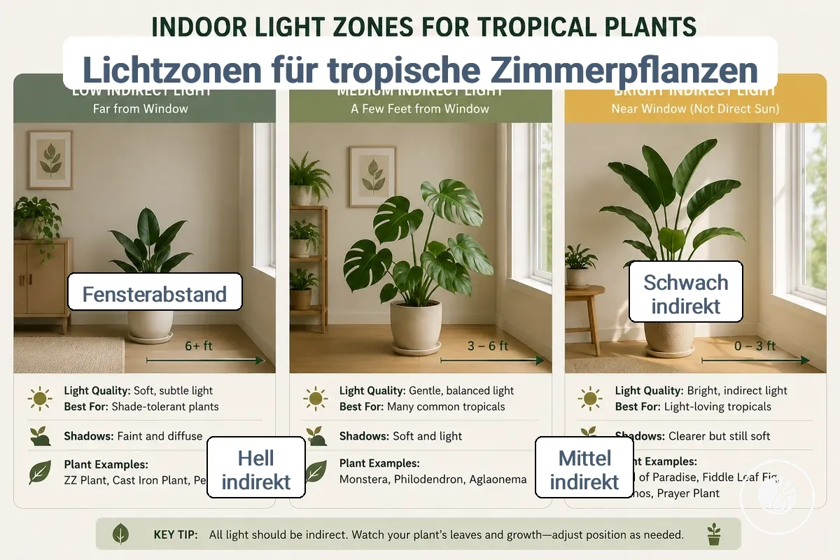 Vergleich von geringen, mittleren und hellen indirekten Lichtbedingungen für tropische Zimmerpflanzen