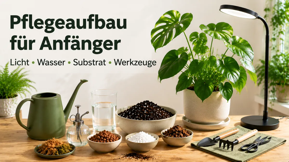 Pflegeaufbau für Anfänger bei tropischen Zimmerpflanzen mit Basiswerkzeugen, Licht, Wasser und Substrat