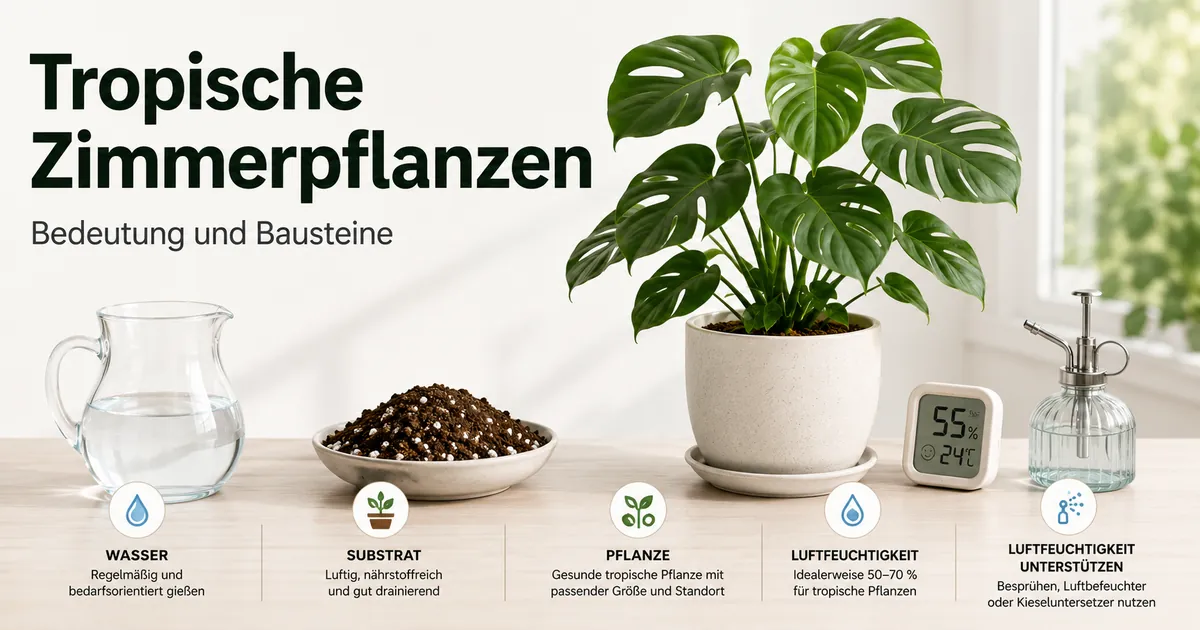 Bausteine der Pflege tropischer Zimmerpflanzen mit Licht, Wasser, Substrat und Werkzeugen für Luftfeuchtigkeit