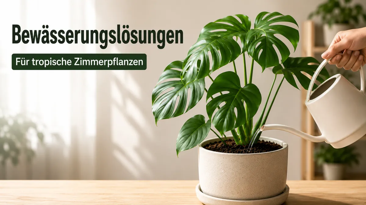 Tropische Zimmerpflanze wird mit einer Gießkanne mit schmalem Ausguss bewässert