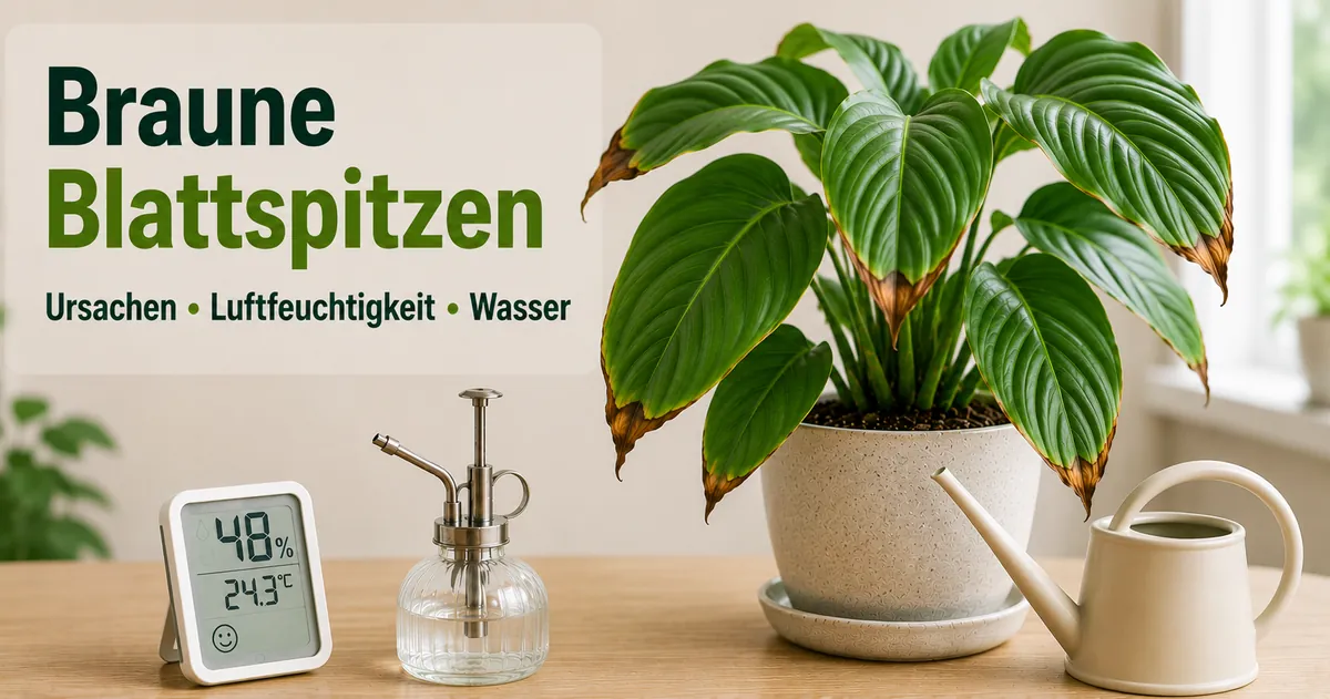Braune Blattspitzen an einer tropischen Zimmerpflanze mit Werkzeugen für Luftfeuchtigkeit und Bewässerung