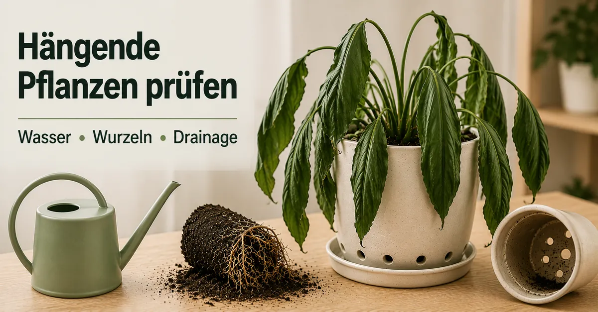 Hängende tropische Zimmerpflanze wird auf Bewässerung, Wurzeln und Drainage geprüft