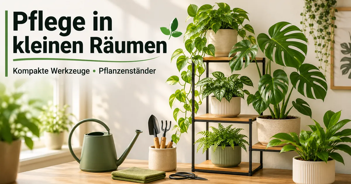 Pflegeaufbau für tropische Zimmerpflanzen in kleinen Räumen mit kompakten Werkzeugen und Pflanzenständern
