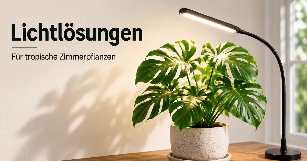 Tropische Zimmerpflanze neben einer Pflanzenlampe für bessere Lichtversorgung