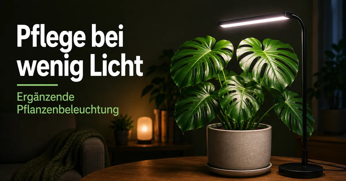Pflegeaufbau für eine tropische Zimmerpflanze in einem lichtarmen Raum mit ergänzender Pflanzenbeleuchtung