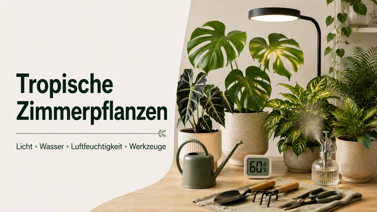 Pflegeaufbau für tropische Zimmerpflanzen mit Licht, Bewässerung, Luftfeuchtigkeit und Basiswerkzeugen