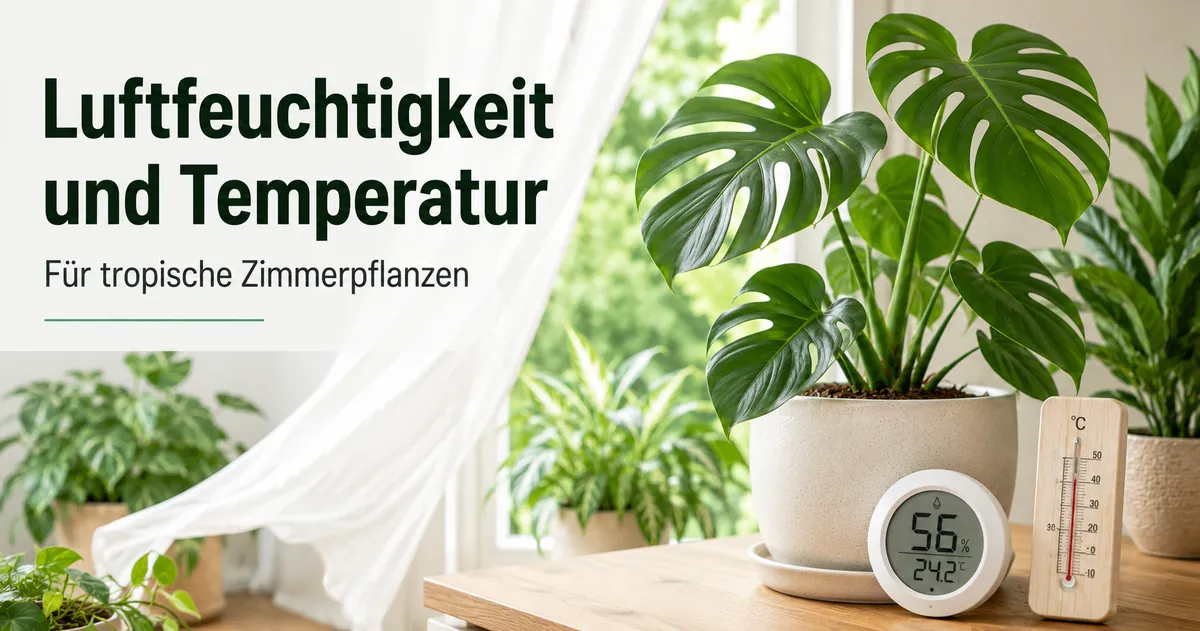 Werkzeuge für Luftfeuchtigkeit und Temperatur neben tropischen Zimmerpflanzen in einem Wohnraum