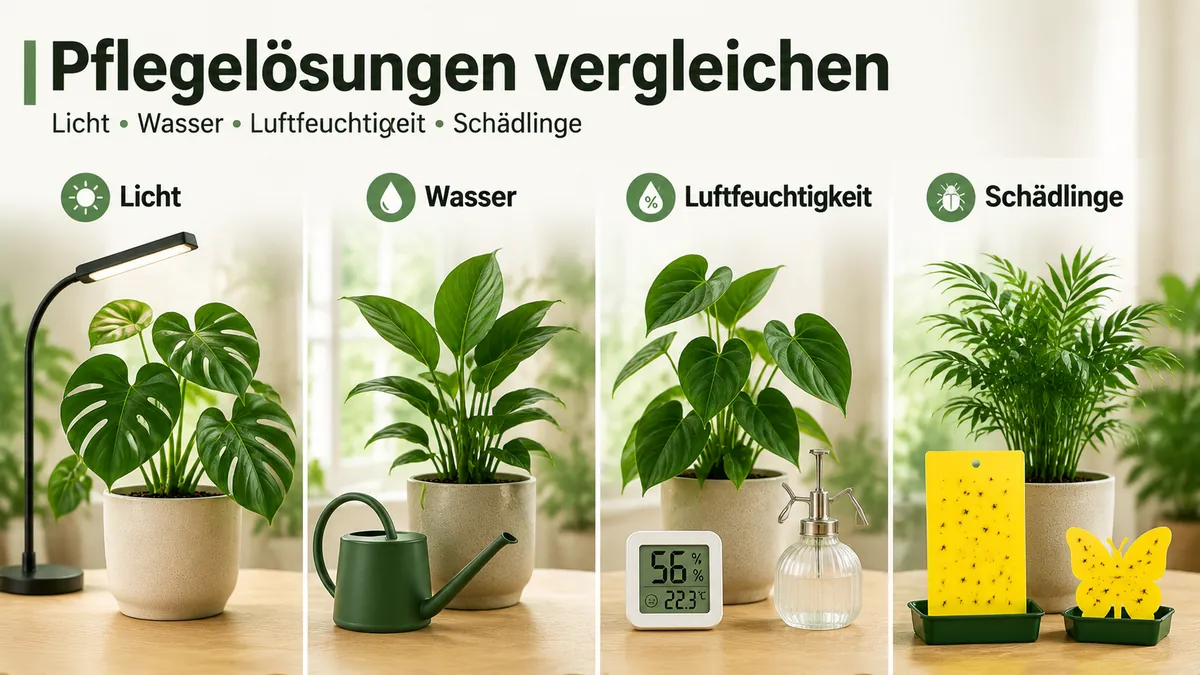 Vergleich von Lösungen für tropische Zimmerpflanzen nach Licht, Bewässerung, Luftfeuchtigkeit und Schädlingsbedarf