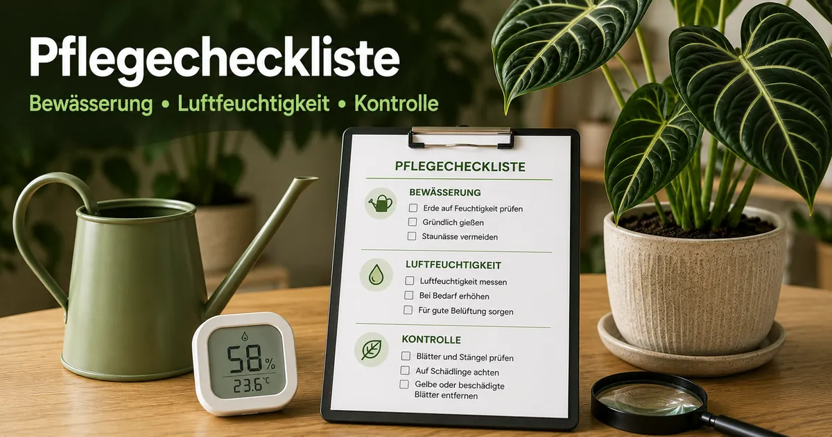 Pflegecheckliste für tropische Zimmerpflanzen mit Werkzeugen für Bewässerung, Luftfeuchtigkeit und Kontrolle