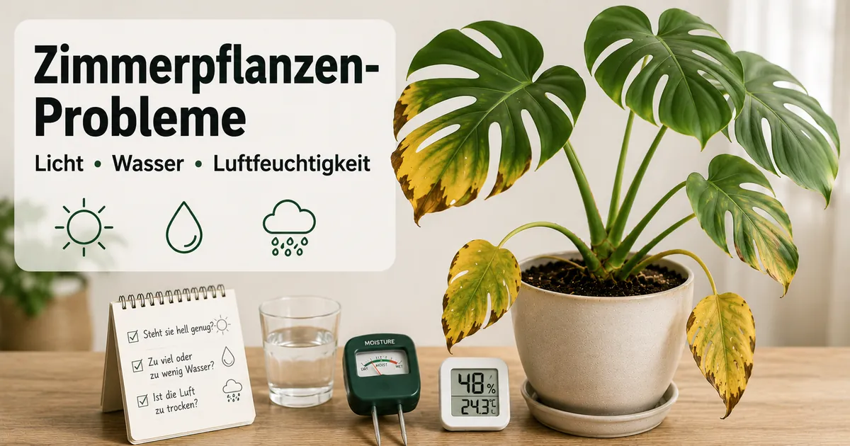 Tropische Zimmerpflanze mit Pflegeproblemen durch Licht, Wasser und Luftfeuchtigkeit