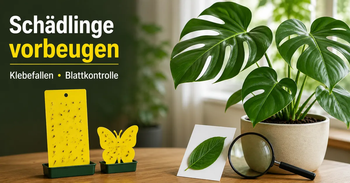 Schädlingsvorbeugung bei tropischen Zimmerpflanzen mit Klebefallen und Werkzeugen zur Blattkontrolle