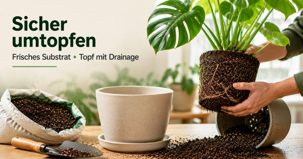 Umtopfen einer tropischen Zimmerpflanze mit frischem Substrat und einem Topf mit Drainage