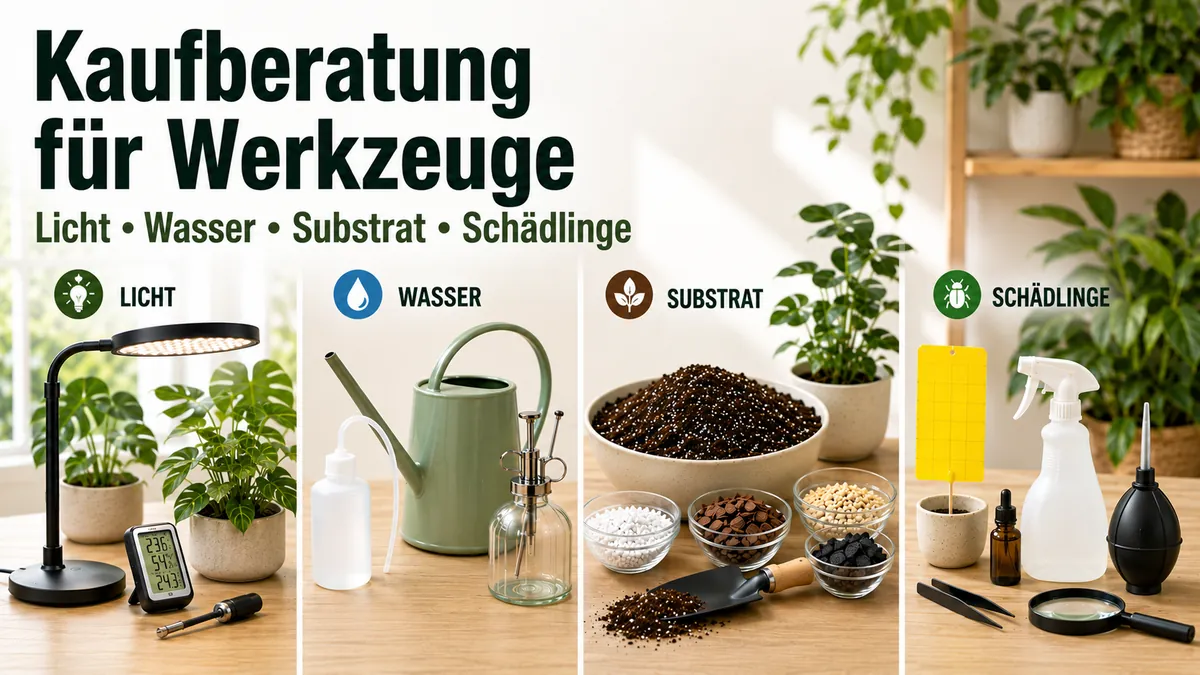 Werkzeuge und Sets zur Pflege tropischer Zimmerpflanzen nach Licht, Wasser, Substrat und Schädlingen geordnet