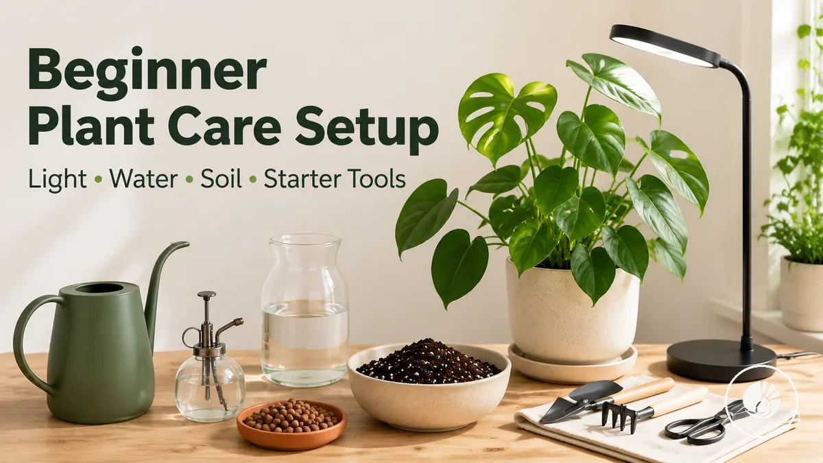 Beginner indoor tropical plant care setup with starter tools, light, water and soil supplies