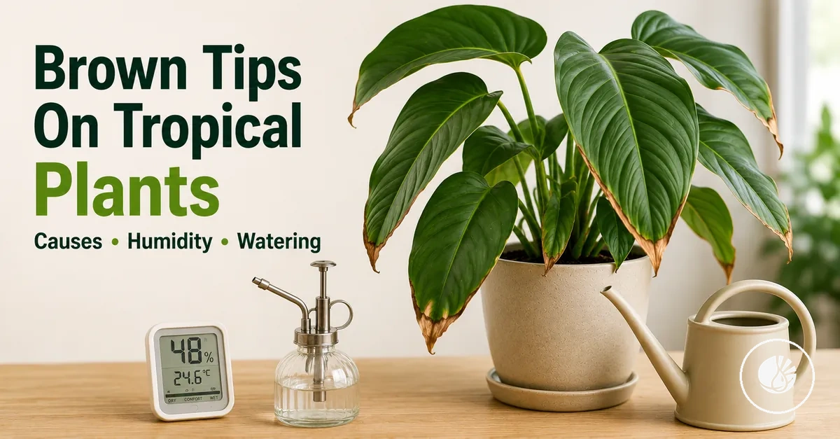 Brown leaf tips on an indoor tropical plant with humidity and watering tools nearby