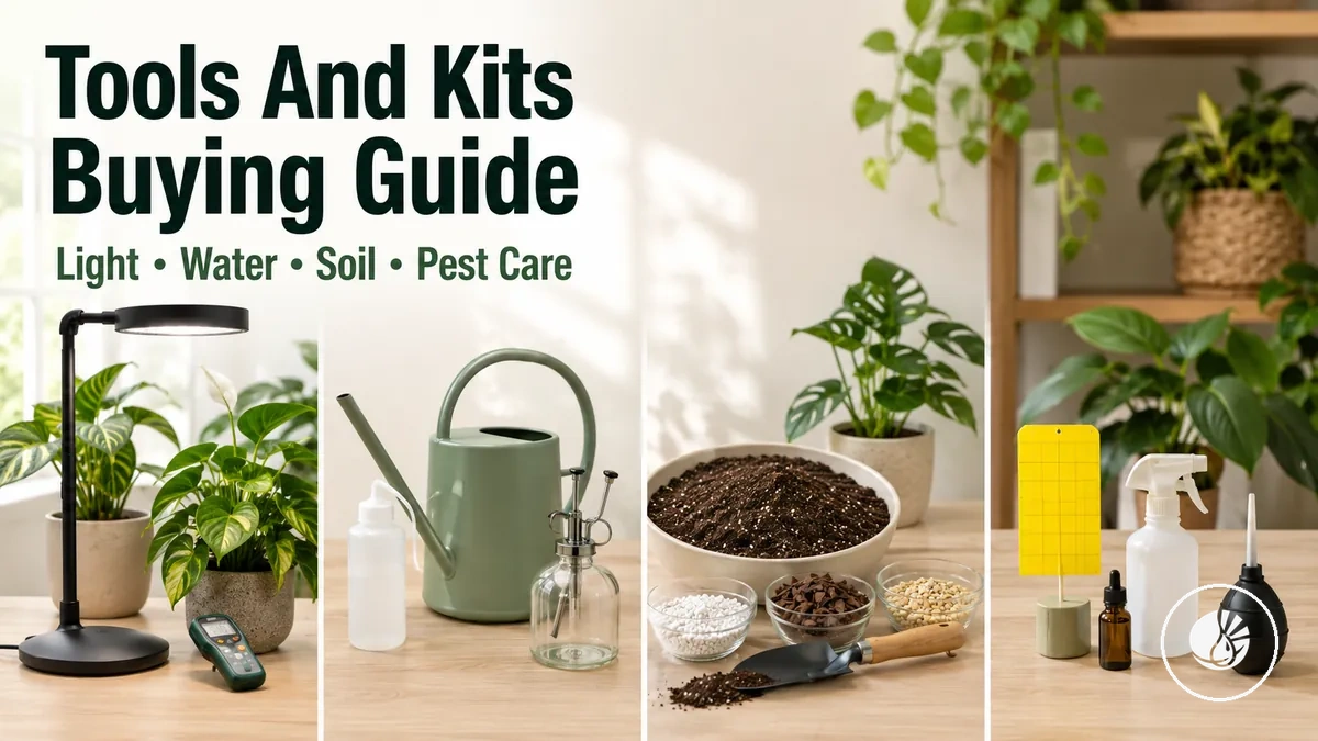 Indoor tropical plant care tools and kits arranged for selecting light, water, soil and pest supplies