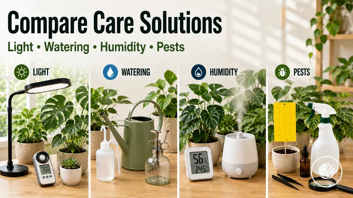 Comparison of indoor tropical plant care solutions for light, watering, humidity and pest needs