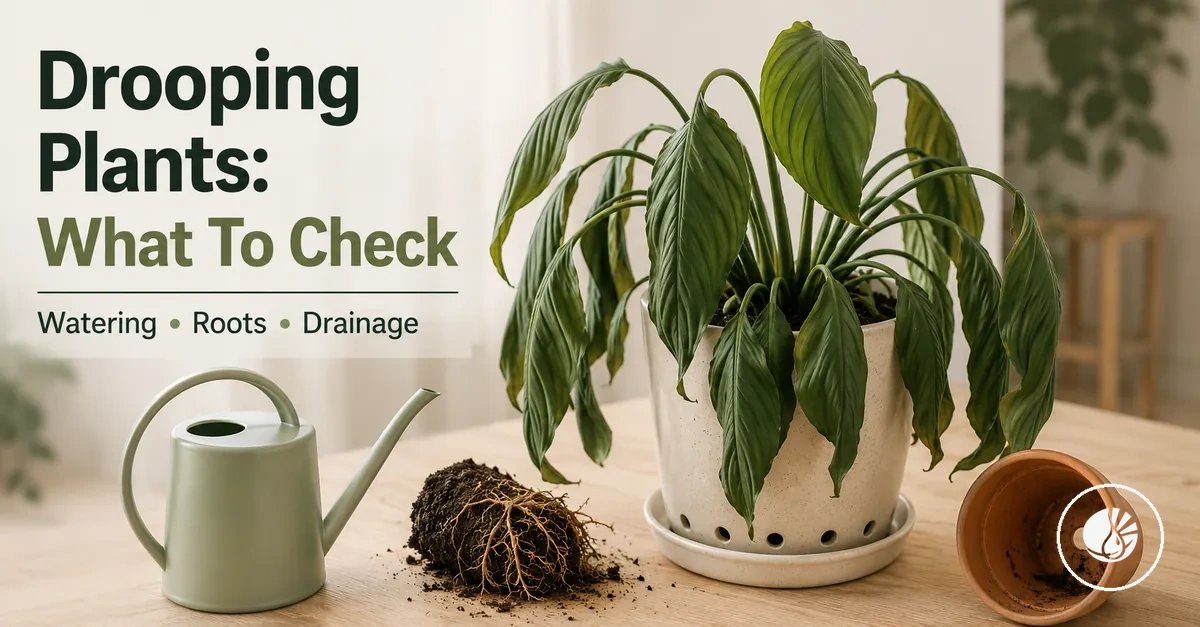 Drooping indoor tropical plant being checked for watering, roots and drainage problems