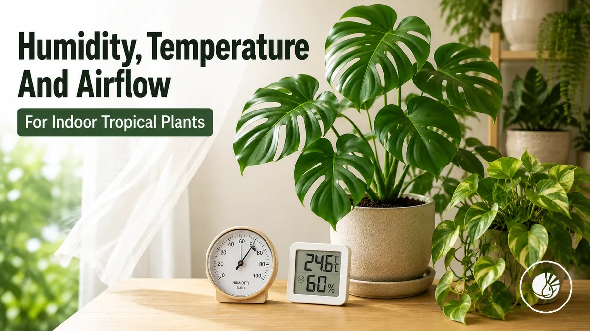 Humidity and temperature tools near indoor tropical plants in a home setting