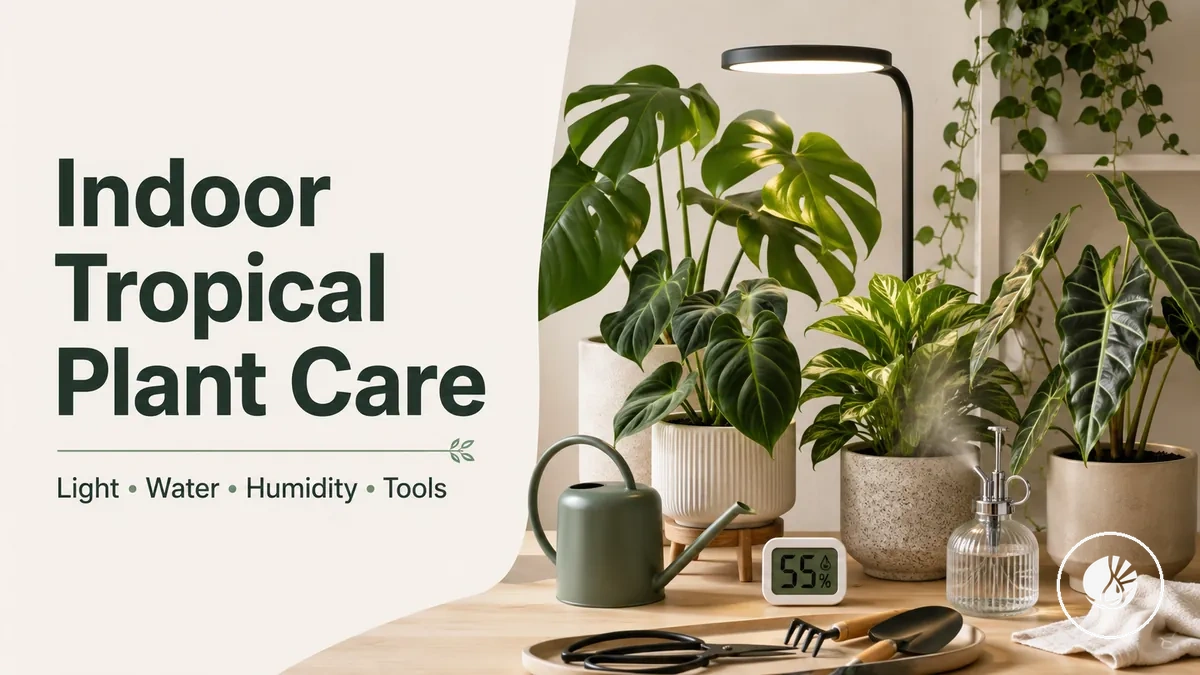 Indoor tropical plant care setup with light, watering, humidity and basic care tools