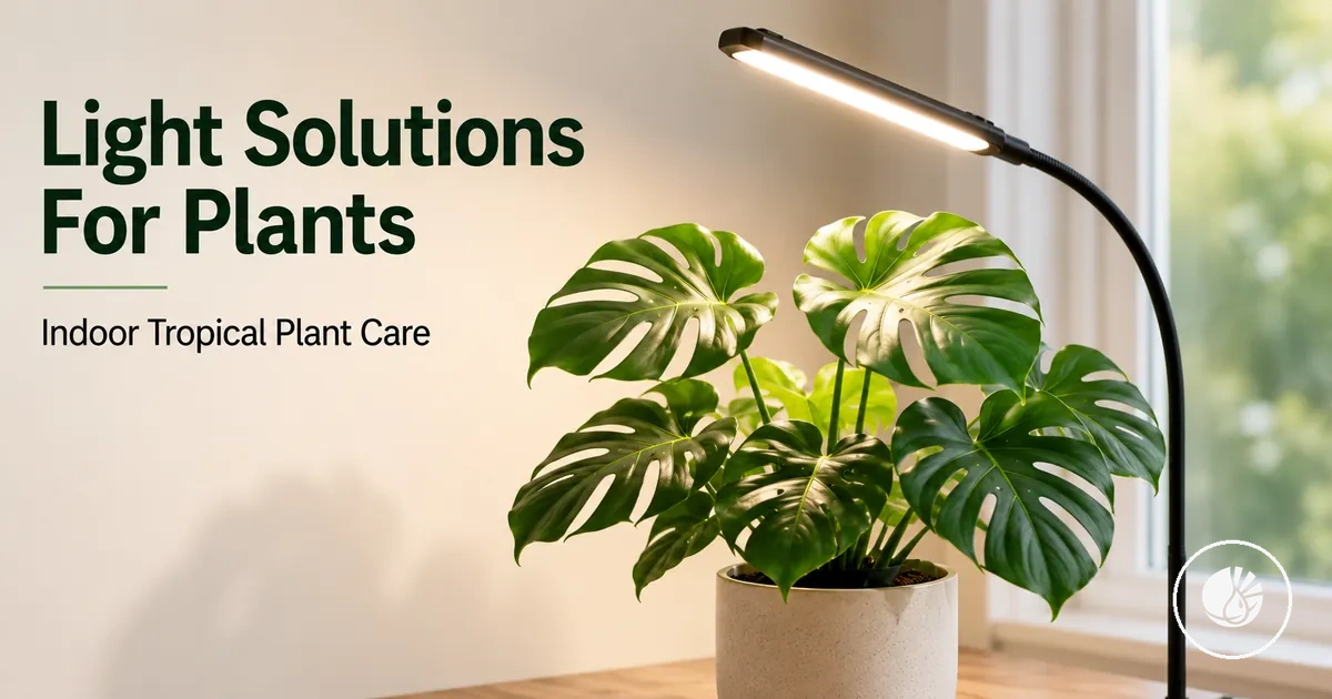 Indoor tropical plant placed near a grow light for better light exposure