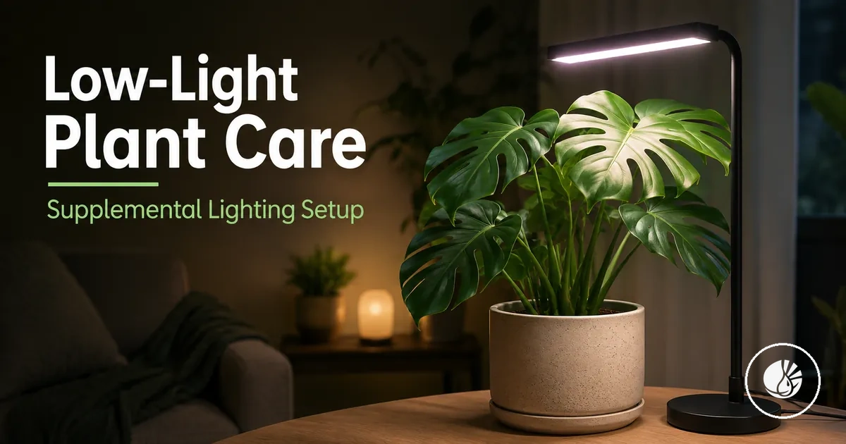 Indoor tropical plant care setup for a low-light room with supplemental plant lighting