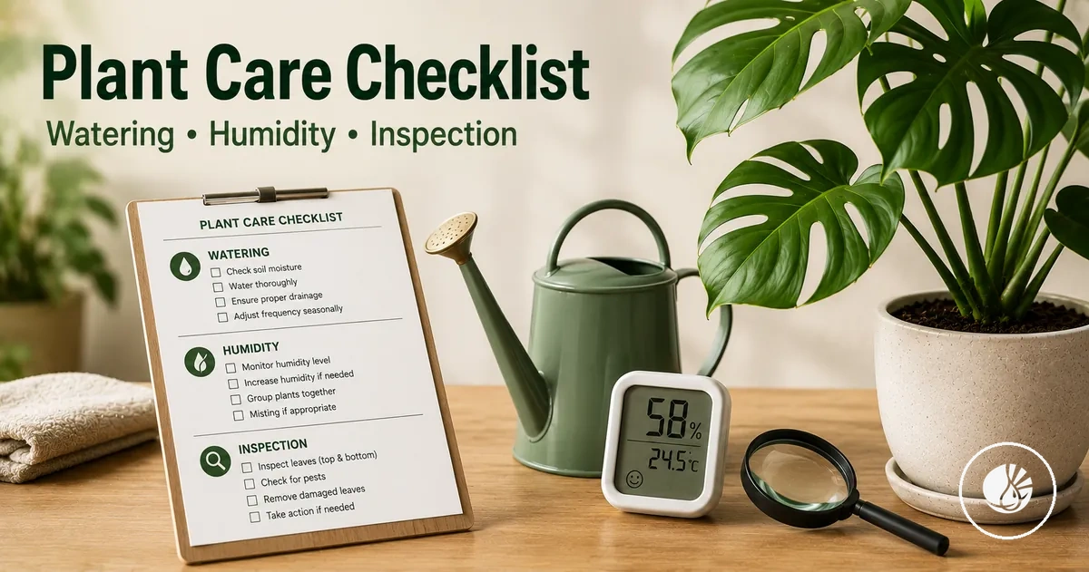 Indoor tropical plant maintenance checklist with watering, humidity and pest inspection tools