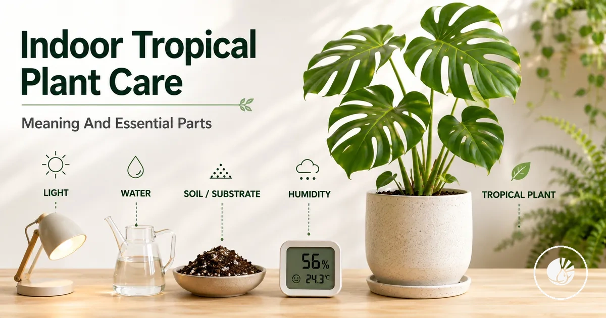 Essential parts of indoor tropical plant care including light, water, soil and humidity tools