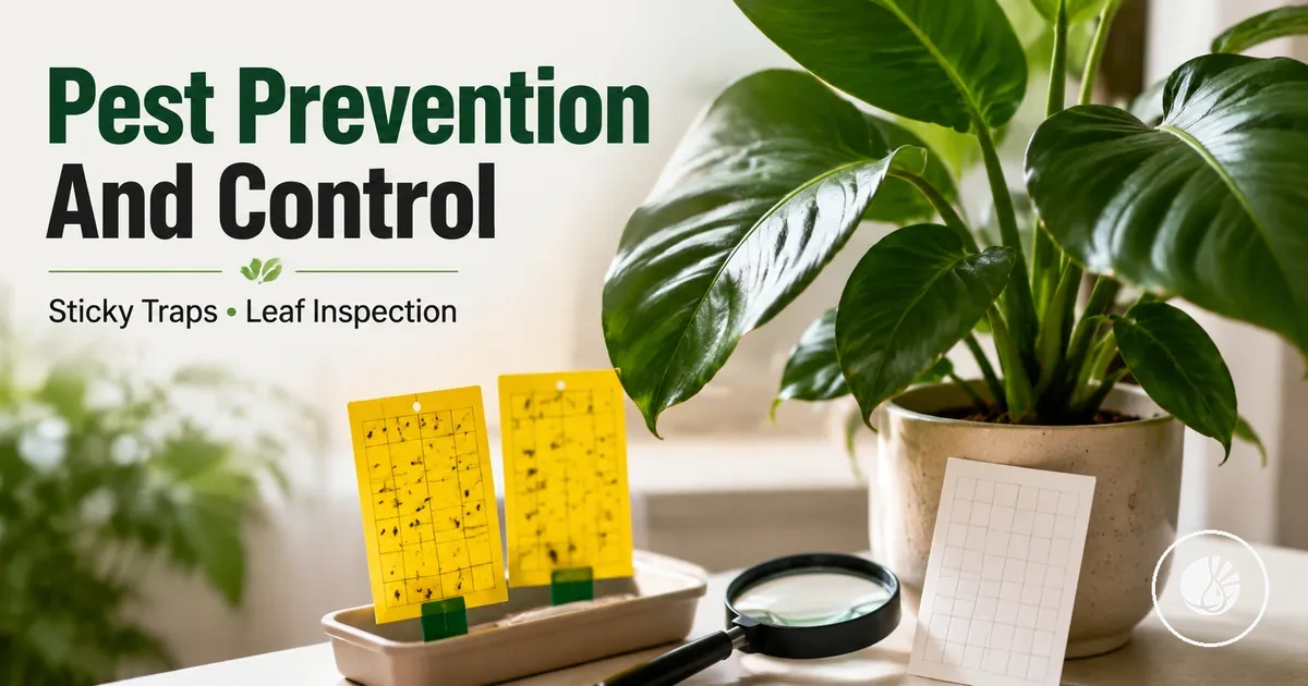 Indoor tropical plant pest prevention setup with sticky traps and leaf inspection tools