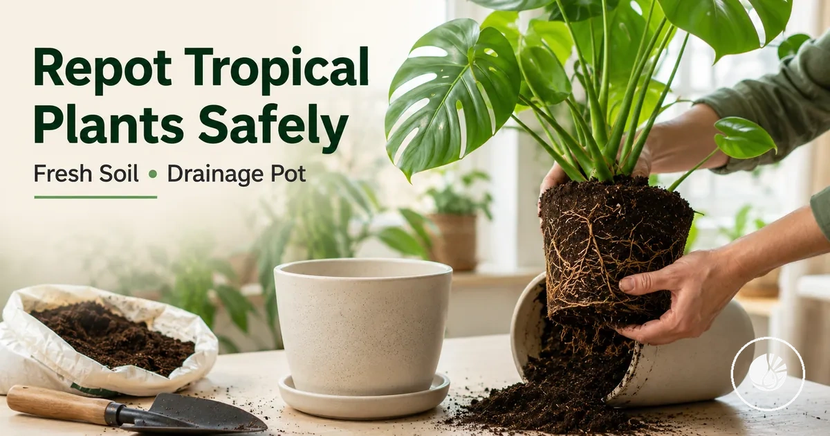Repotting an indoor tropical plant with fresh soil and a drainage pot