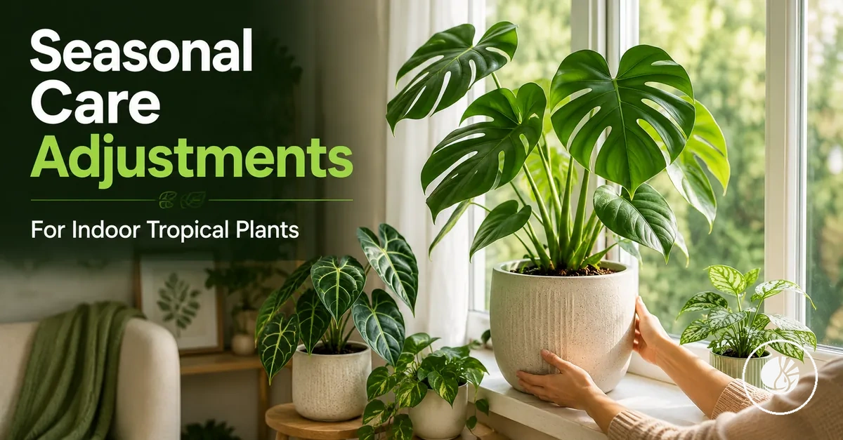 Indoor tropical plants arranged for seasonal care adjustments near a window