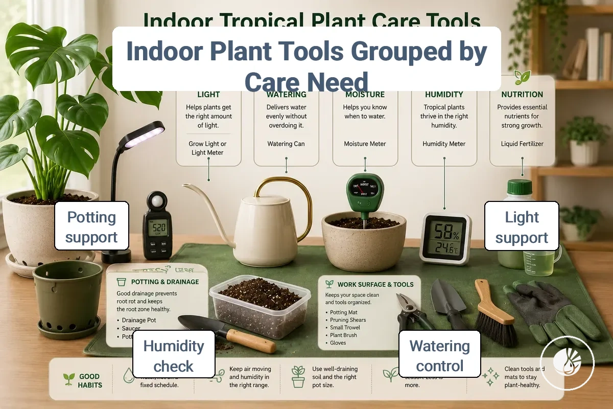 indoor tropical plant care tools grouped by light, watering, humidity, potting, and maintenance needs